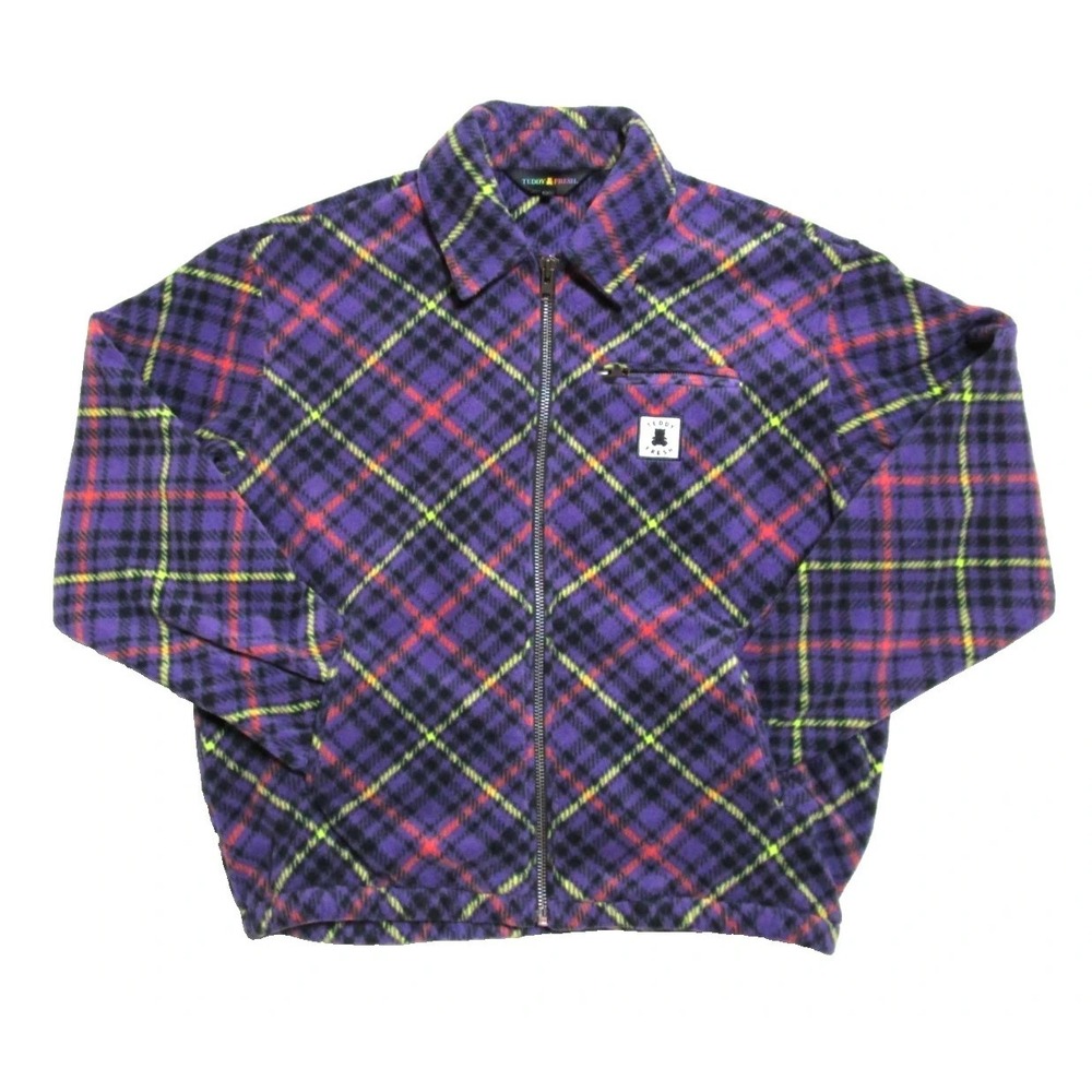 Teddy Fresh Size Small Purple Plaid Fleece Full Zip Front Collard Jacket
